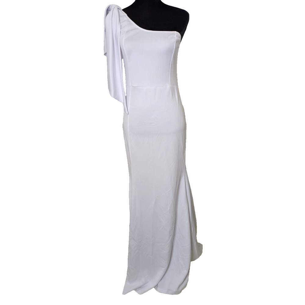 Womens White Dress One Shoulder Bow Tie Long Formal Gown High Split White Large